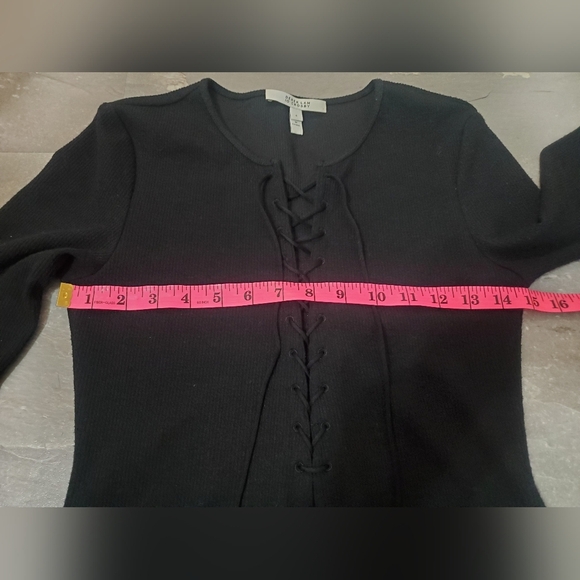 Derek Lam 10 Crosby Elegant Black Midi Dress. Short Sleeves. Knit Ribbed Lace Up - Picture 6 of 15